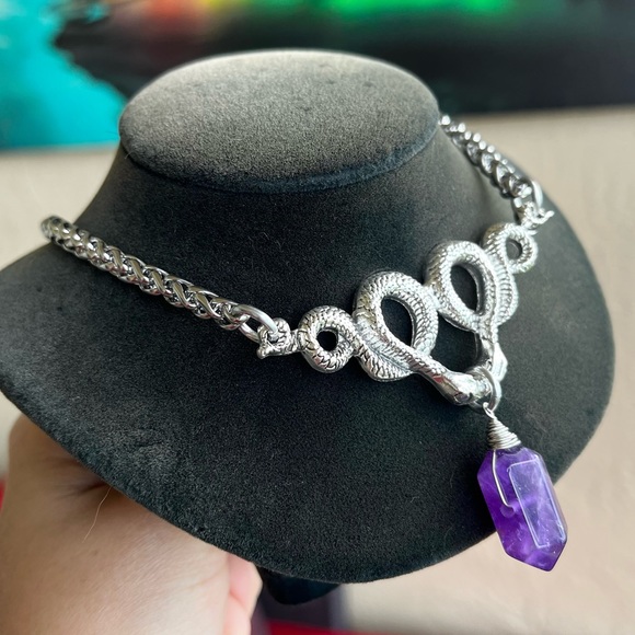 Amethyst crystal stone snake charm stainless steel chain necklace goth boho . - Picture 3 of 11